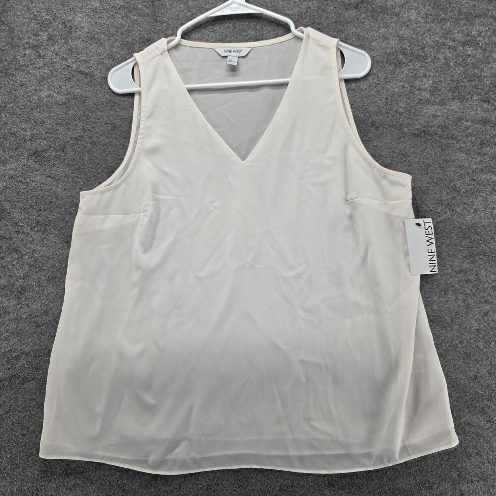 Nine West Blouse Womens L White Tunic V-Neck Lined Lightweight Workwear